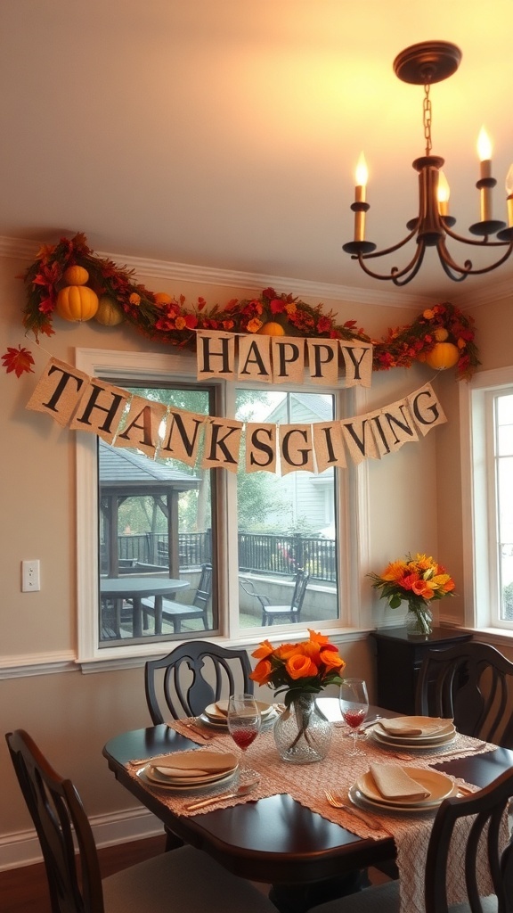 A Thanksgiving-themed banner reading 'HAPPY THANKSGIVING' in orange, displayed above a dining table with autumn decor.