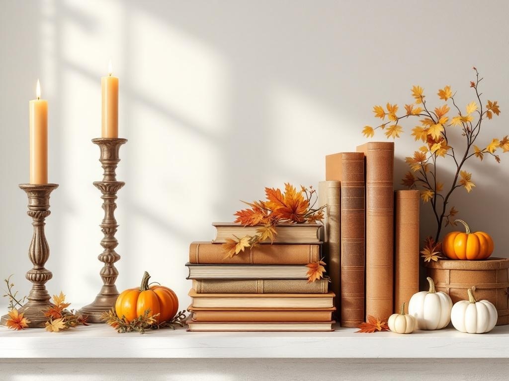 A beautifully decorated bookshelf for Thanksgiving with stacked books, pumpkins, and autumn leaves.