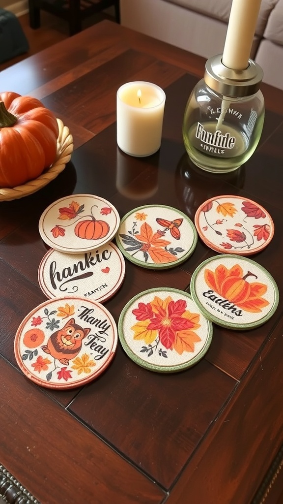 A collection of Thanksgiving-themed coasters with various designs on a wooden table.