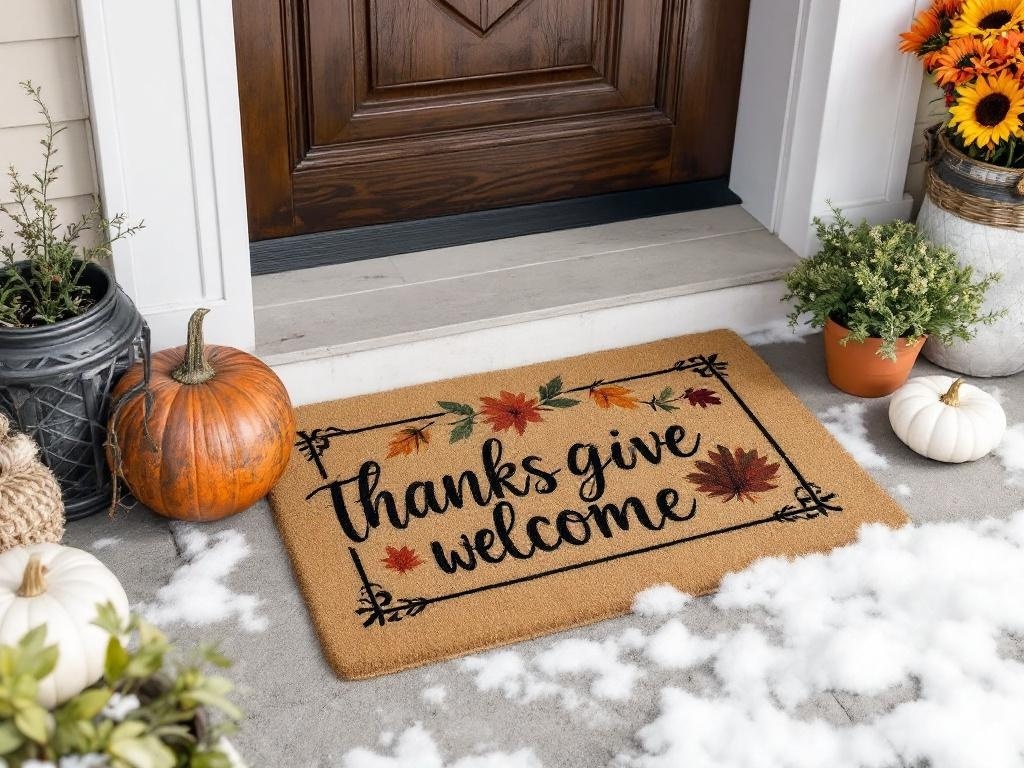 Thanksgiving-themed door mat with the words 'Thanks give welcome' surrounded by autumn leaves, placed on a porch with pumpkins and plants.