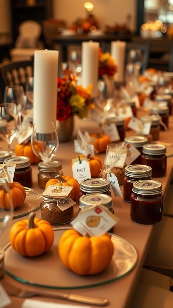 A Thanksgiving table setting with small jars and pumpkins as favors.