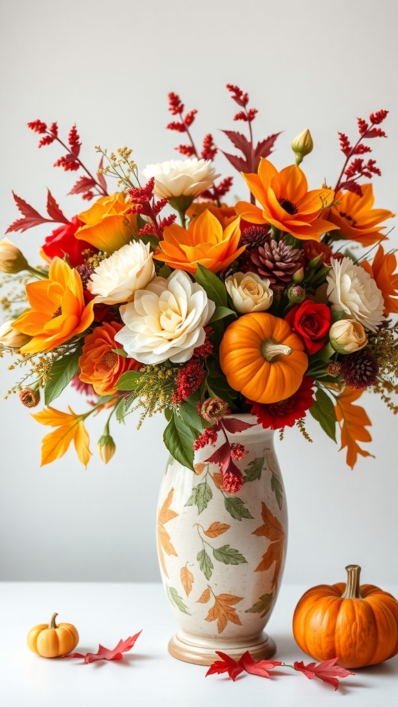A vibrant Thanksgiving floral arrangement with orange and white flowers, small pumpkins, and autumn leaves.