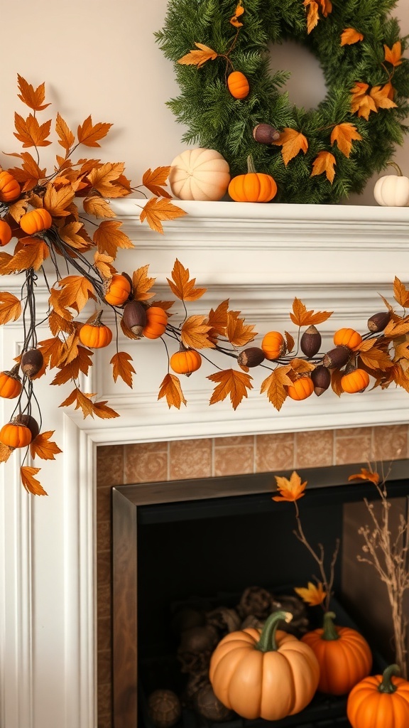 A Thanksgiving-themed garland with orange pumpkins and golden leaves, draped over a mantel, with a matching wreath above.