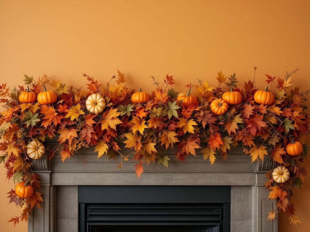 A Thanksgiving-themed garland featuring autumn leaves and pumpkins, draped over a fireplace.