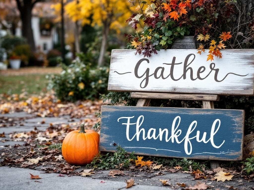 Two wooden signs that say 'Gather' and 'Thankful' with a pumpkin and autumn leaves in the background.