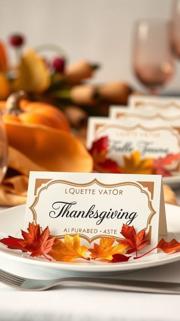 Thanksgiving-themed place cards with names and autumn leaves on a table