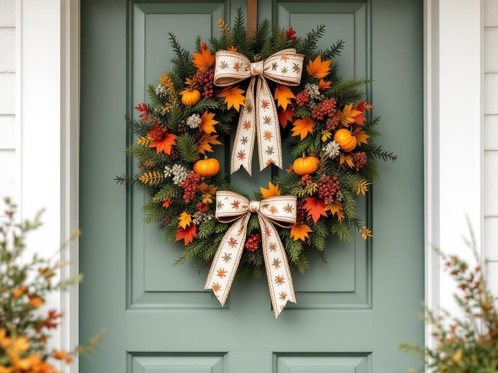 A Thanksgiving-themed wreath with pumpkins, autumn leaves, and a decorative ribbon, hanging on a green door.