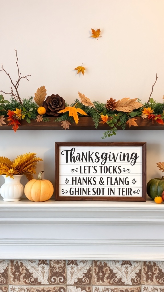 A Thanksgiving-themed sign surrounded by autumn decorations on a mantel.