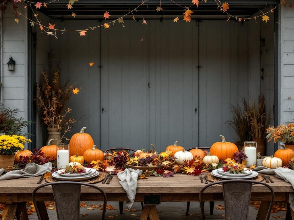 A beautifully arranged Thanksgiving table with pumpkins, autumn leaves, and candles.