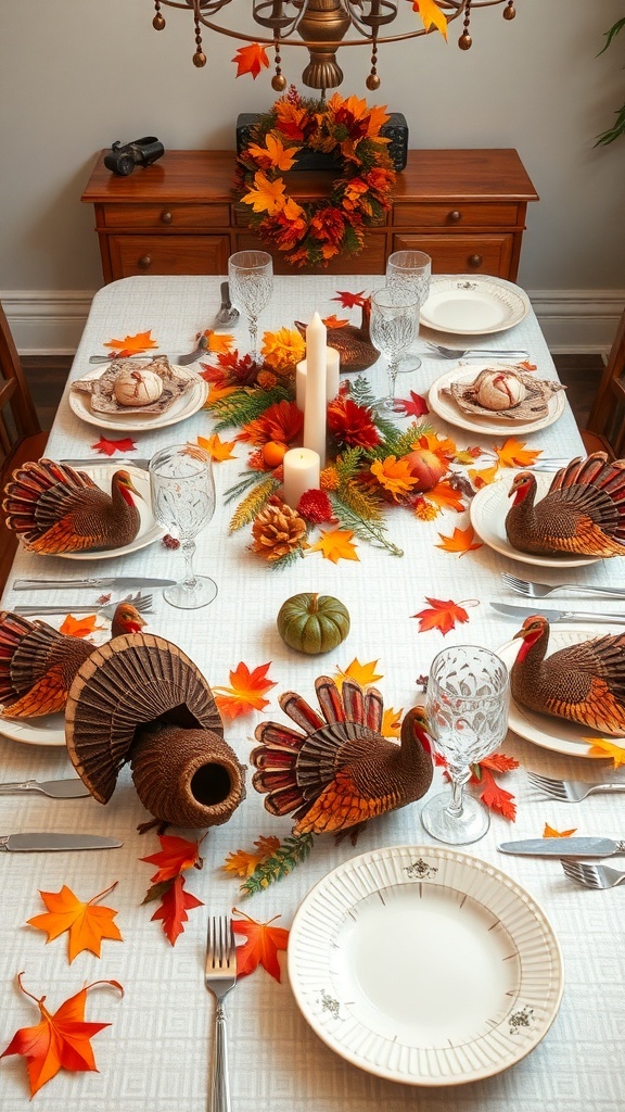 A Thanksgiving table setting with autumn leaves, turkey figurines, candles, and elegant glassware.