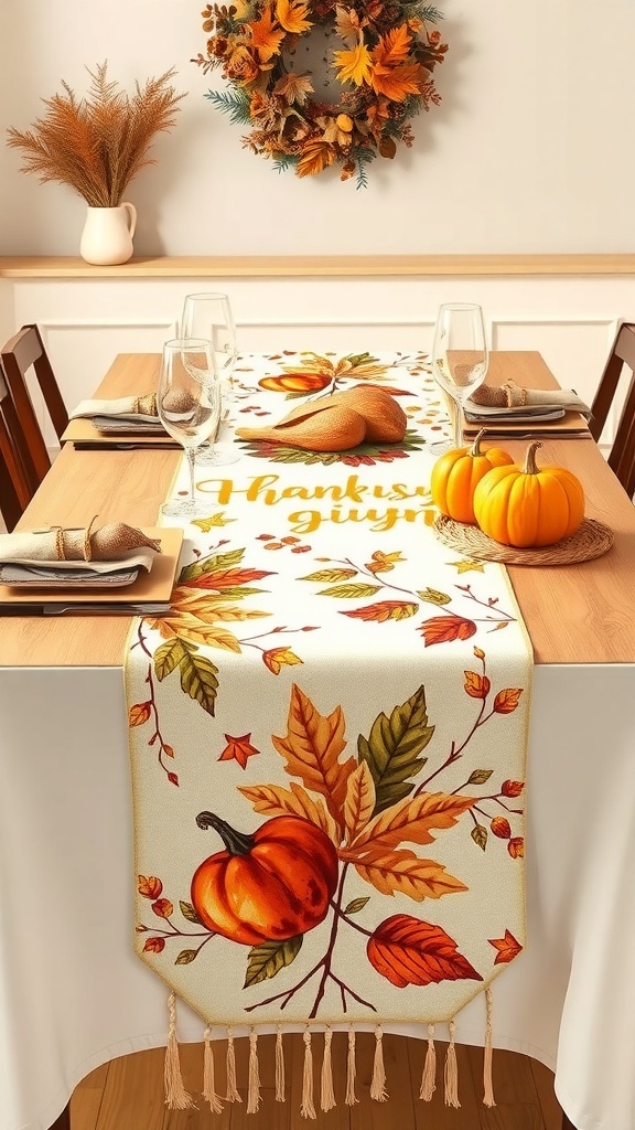 A Thanksgiving-themed table runner with pumpkins and autumn leaves on a dining table.