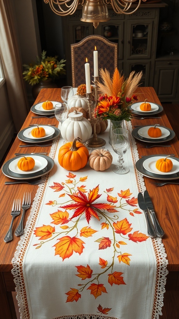 A Thanksgiving-themed table runner with autumn leaves, small pumpkins, and a floral arrangement on a dining table.