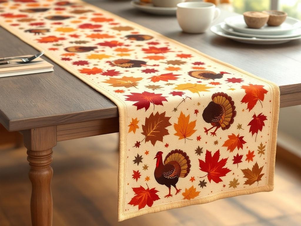 Autumn-themed table runner featuring turkeys and fall leaves on a rustic wooden table.