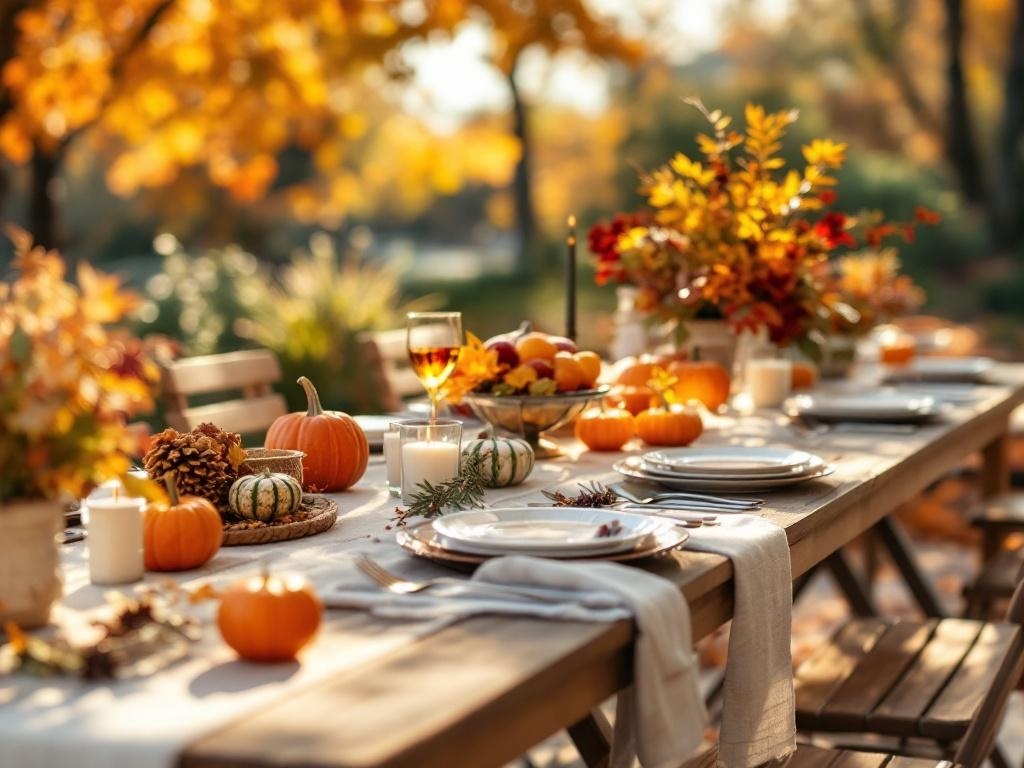 An outdoor Thanksgiving table setting with pumpkins, flowers, and candles surrounded by autumn leaves.