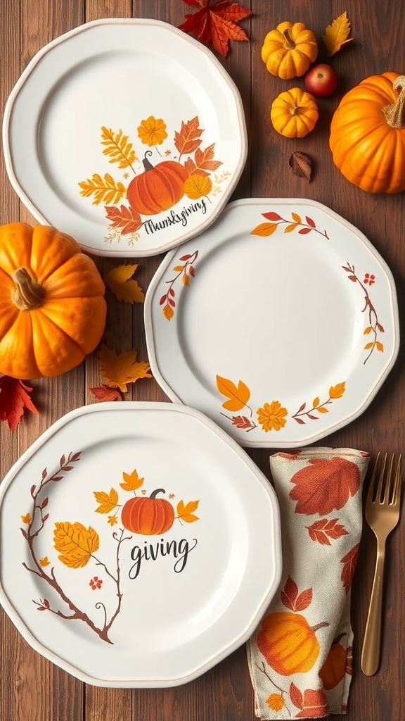 A collection of Thanksgiving-themed plates featuring pumpkins and autumn leaves, with small pumpkins and a fork beside them.