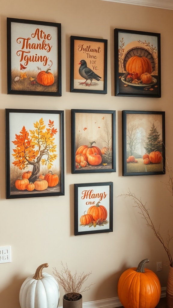 A collection of framed Thanksgiving-themed wall art with playful messages and autumn motifs.