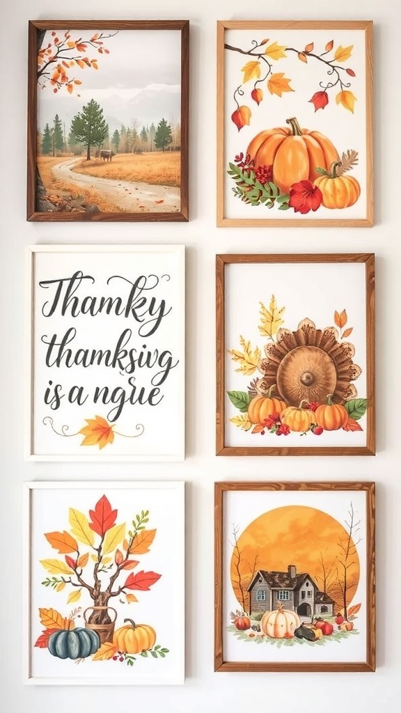 Thanksgiving-themed wall art featuring framed quotes and sayings, surrounded by pumpkins and autumn leaves.