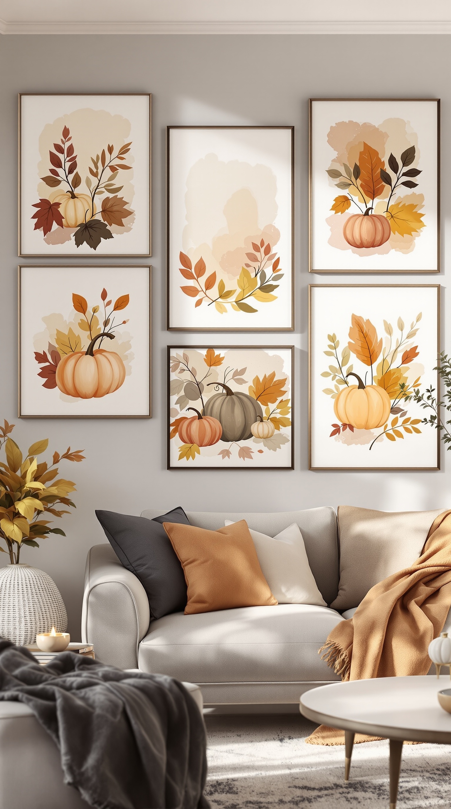 A cozy living room with Thanksgiving-themed wall art, featuring framed quotes and autumn landscapes.