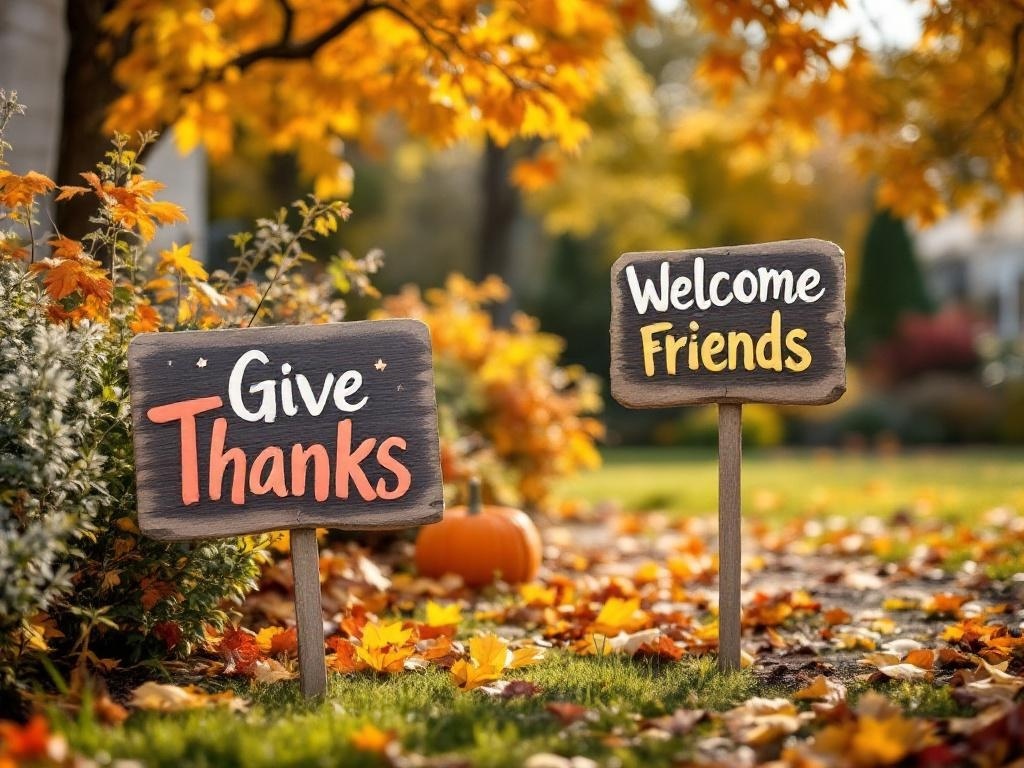 Thanksgiving-themed yard signs that say 'Give Thanks' and 'Welcome Friends' surrounded by autumn leaves.