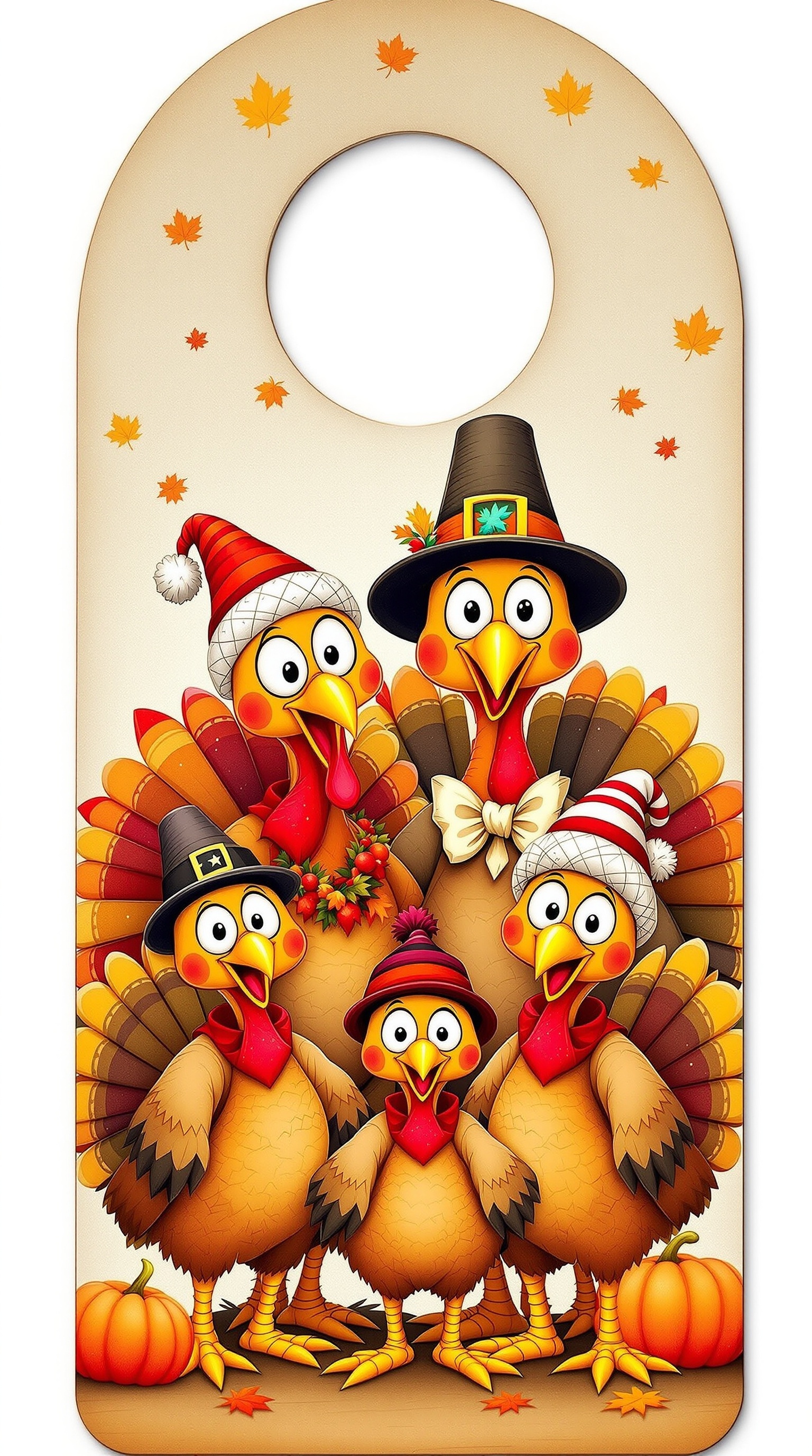 A decorative Thanksgiving door hanger with autumn leaves and flowers, featuring the message 'Happy Thanksgiving and our Thanksgiving when you leave you'.