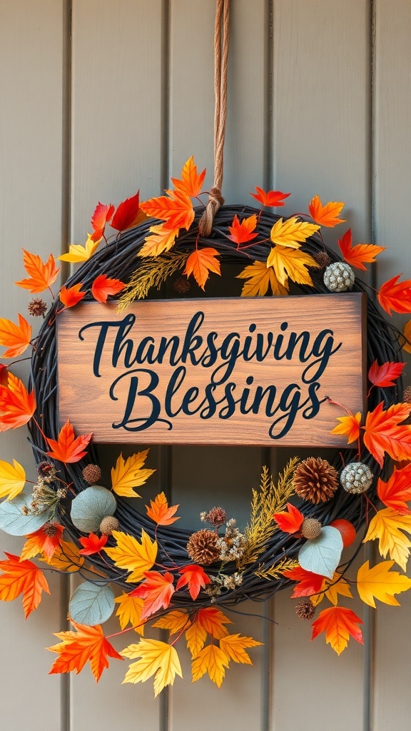 A Thanksgiving wreath featuring autumn leaves, pinecones, and a wooden sign that says 'Thanksgiving Blessings'.