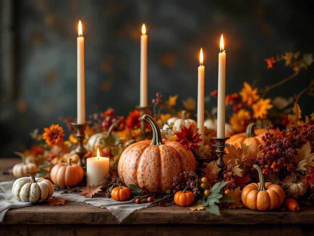 Thanksgiving centerpiece featuring candles, pumpkins, and autumn leaves.