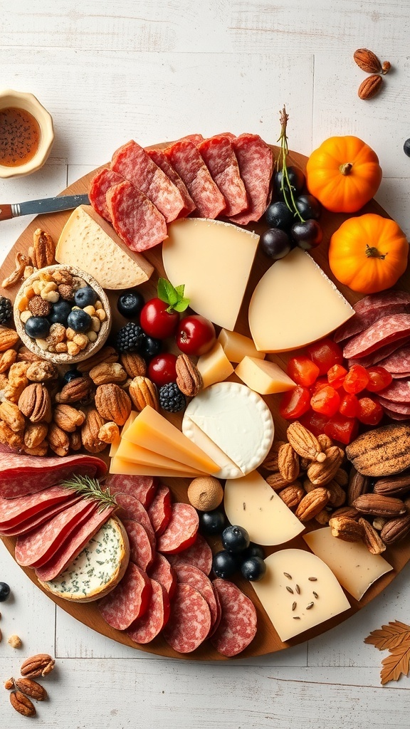 A beautifully arranged Thanksgiving charcuterie board featuring cheeses, meats, nuts, and seasonal fruits.