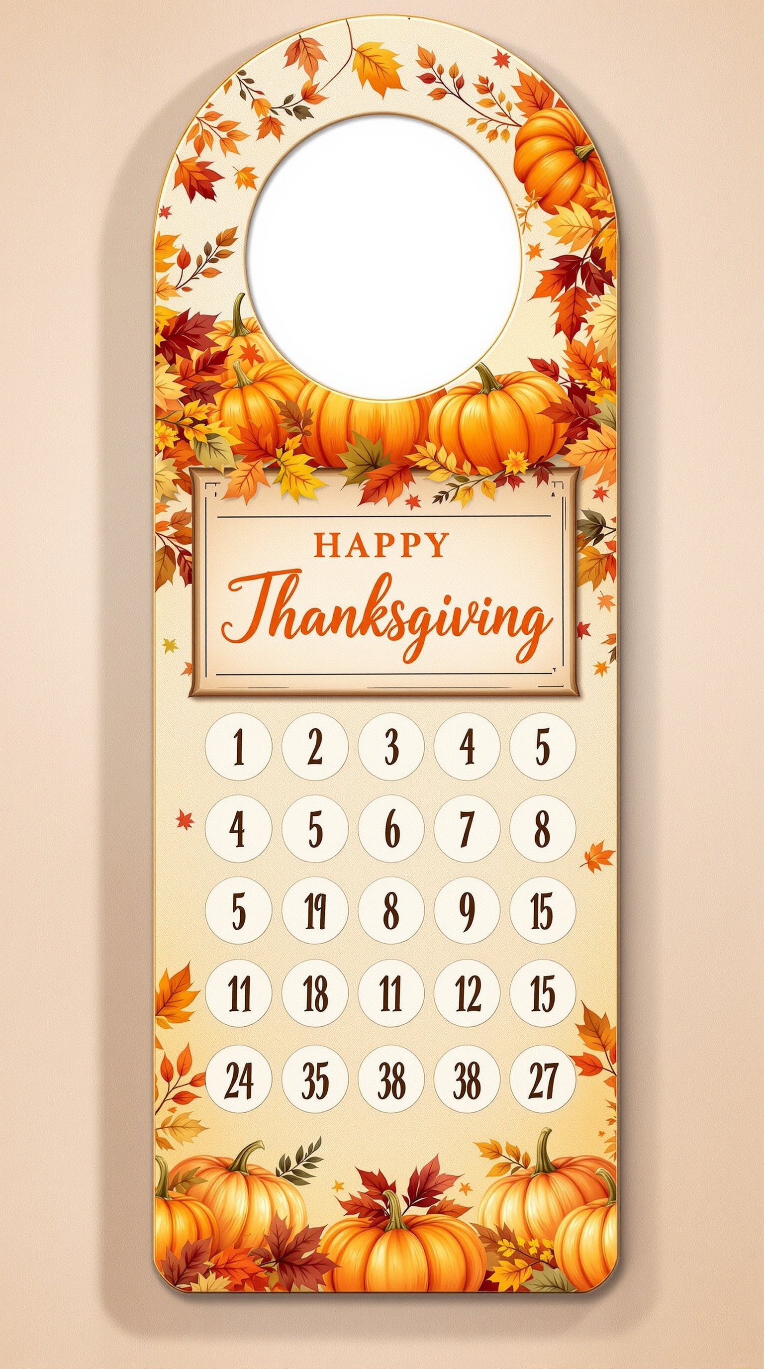 Thanksgiving Countdown Calendar door hanger with numbers and autumn decorations