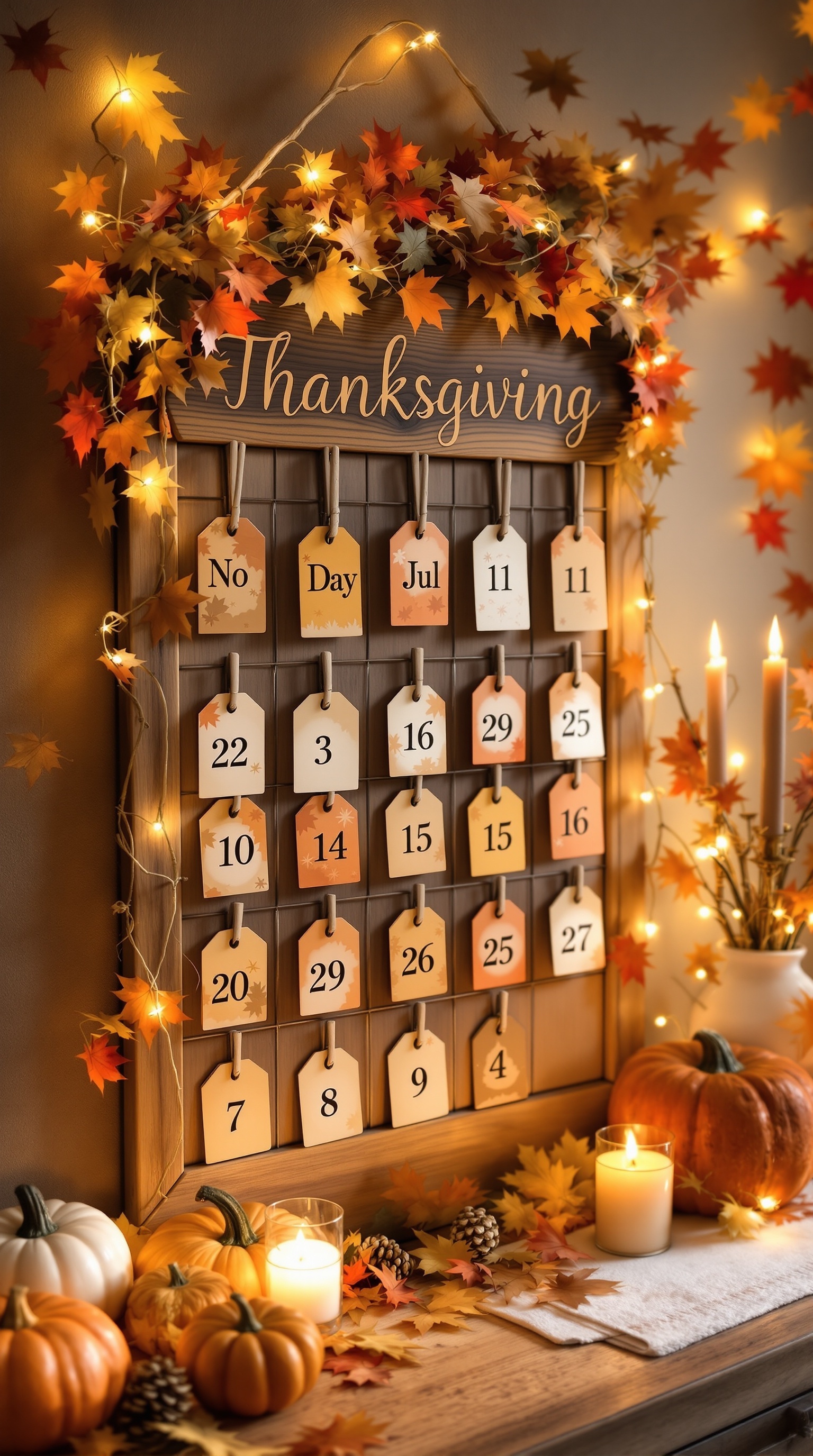 A Thanksgiving countdown calendar with autumn decorations, including pumpkins and leaves.