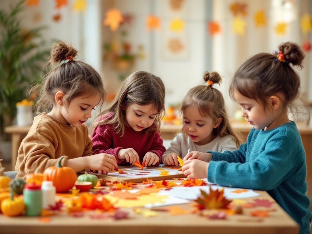 Children engaged in Thanksgiving craft projects with colorful leaves and pumpkins on the table.