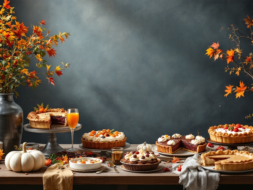 A beautifully arranged Thanksgiving dessert table featuring various pies, cakes, and autumn decorations.