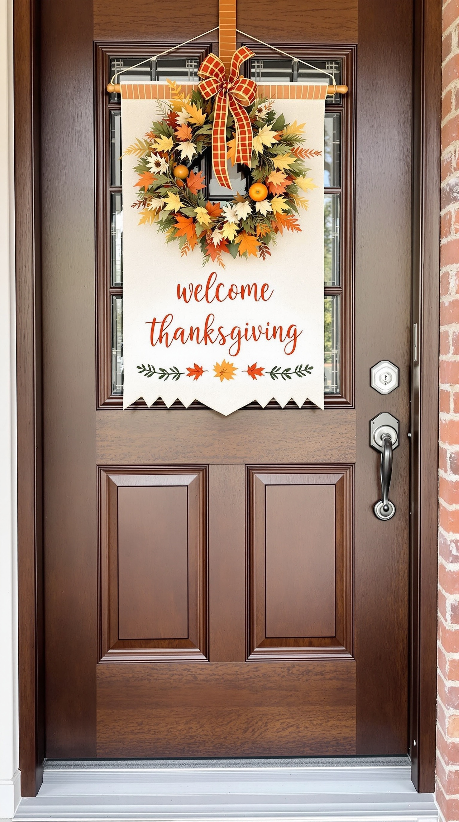 A decorated front door with a wreath and a sign for Thanksgiving.