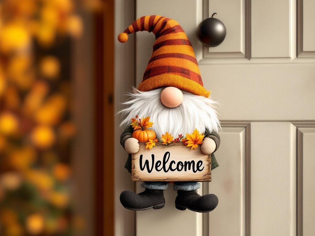 A cheerful gnome door hanger with a striped hat, holding a 'Welcome' sign surrounded by flowers and a pumpkin.