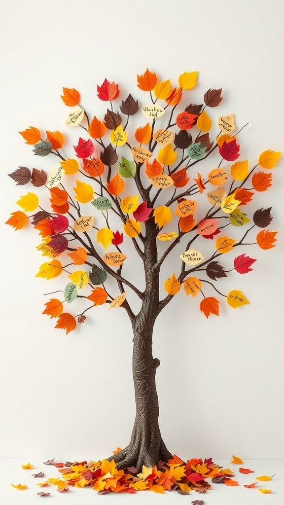 A colorful Thanksgiving Gratitude Tree with leaves representing things to be thankful for.