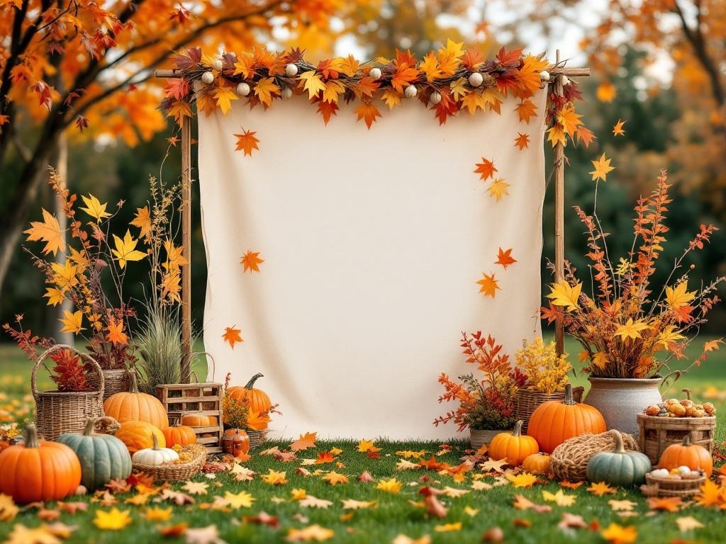 A Thanksgiving photo booth setup with a backdrop of autumn leaves, pumpkins, and seasonal decorations.
