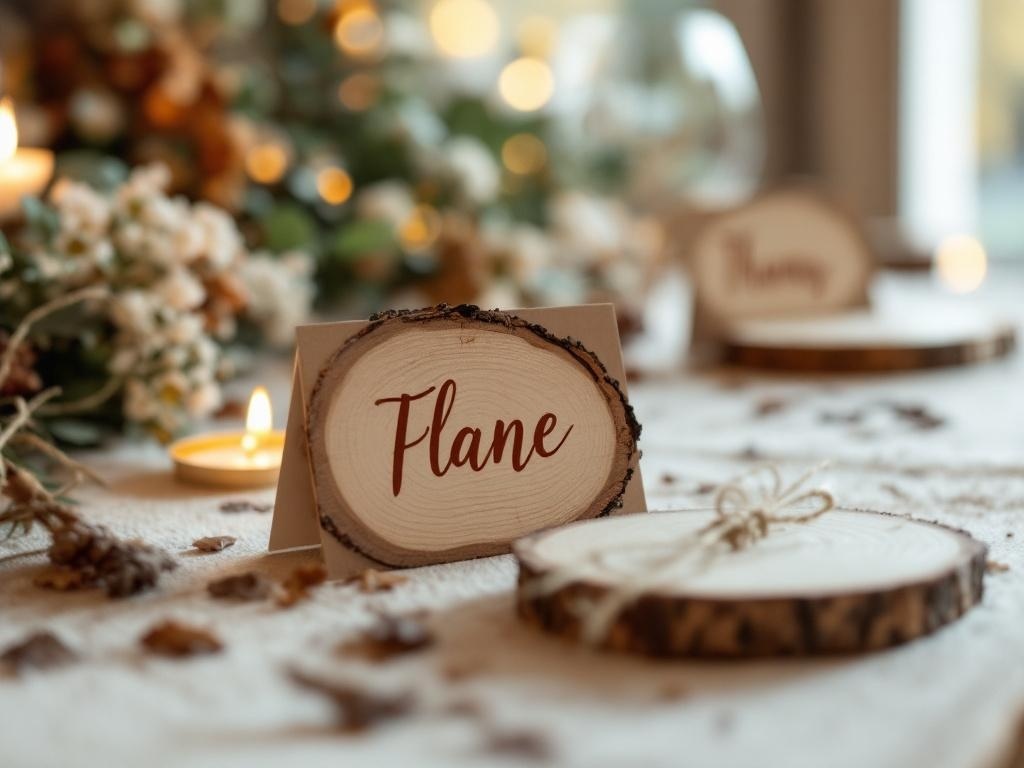 Wooden place card with the name Flane, surrounded by a cozy Thanksgiving setting