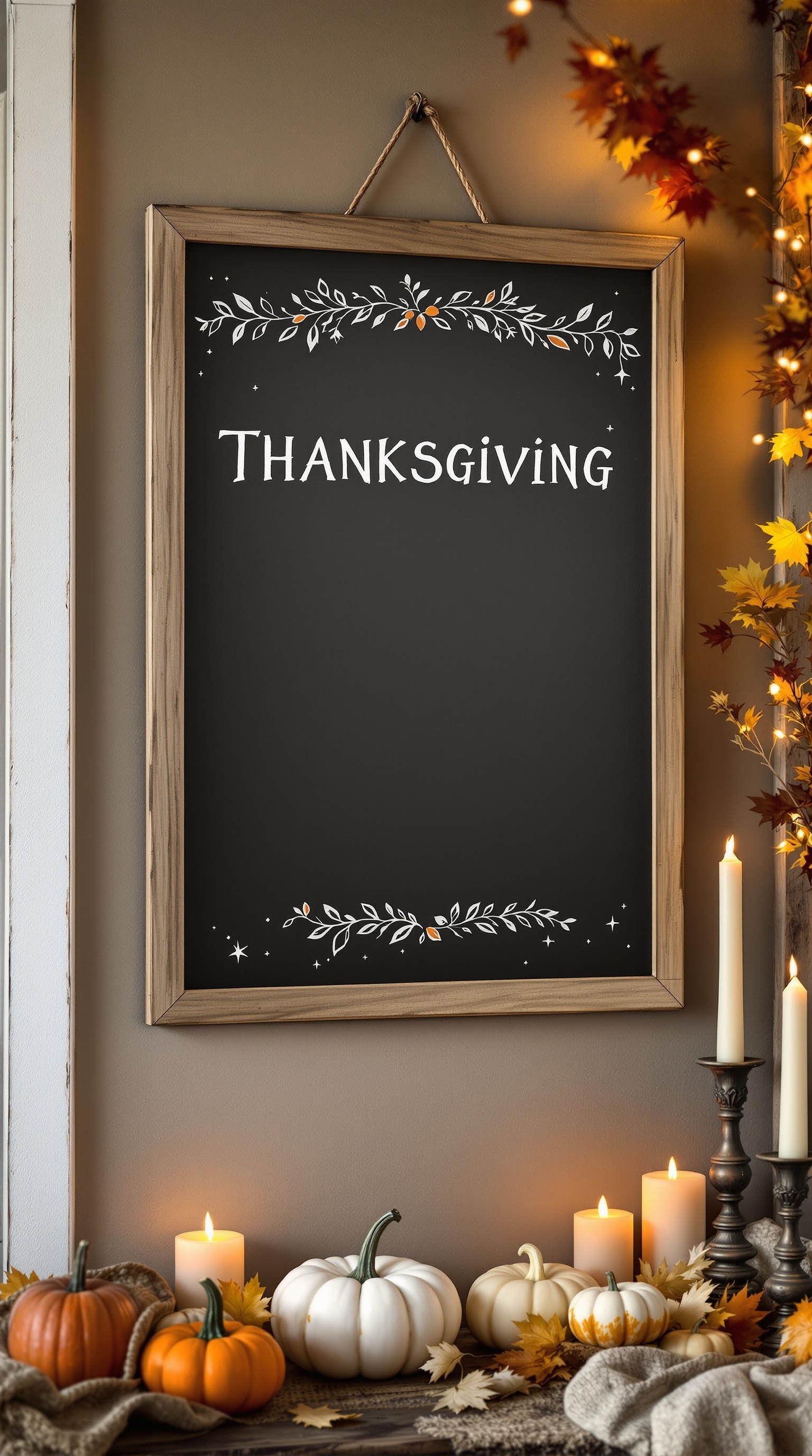 A framed Thanksgiving quote board with a black background and colorful text, surrounded by floral designs.