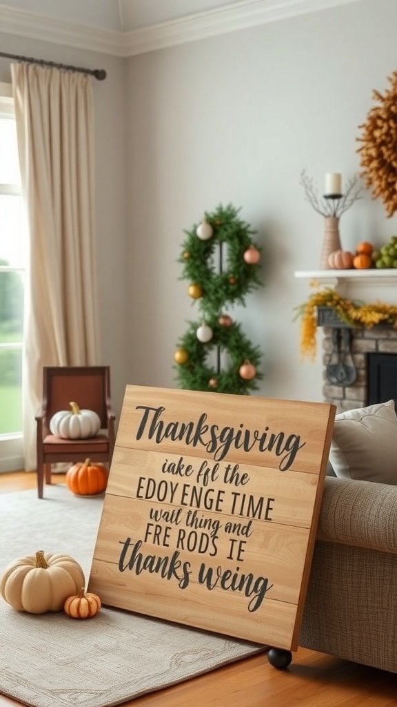 Wooden Thanksgiving quote sign with pumpkins and cozy decor