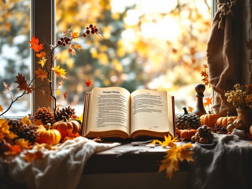 A Thanksgiving recipe book open on a windowsill with autumn decorations.