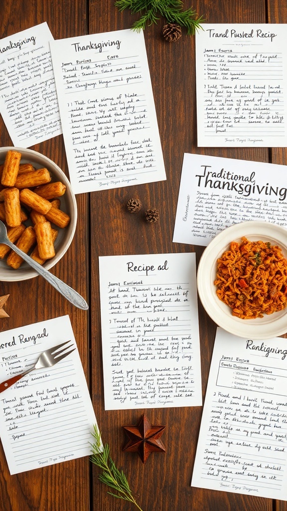 Handwritten Thanksgiving recipe cards on a wooden table with food items.