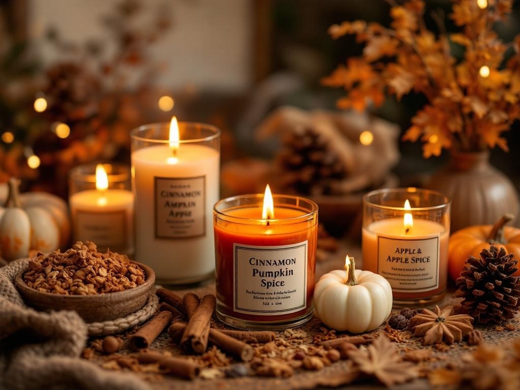 A cozy Thanksgiving decor scene featuring scented candles, small pumpkins, and pinecones.