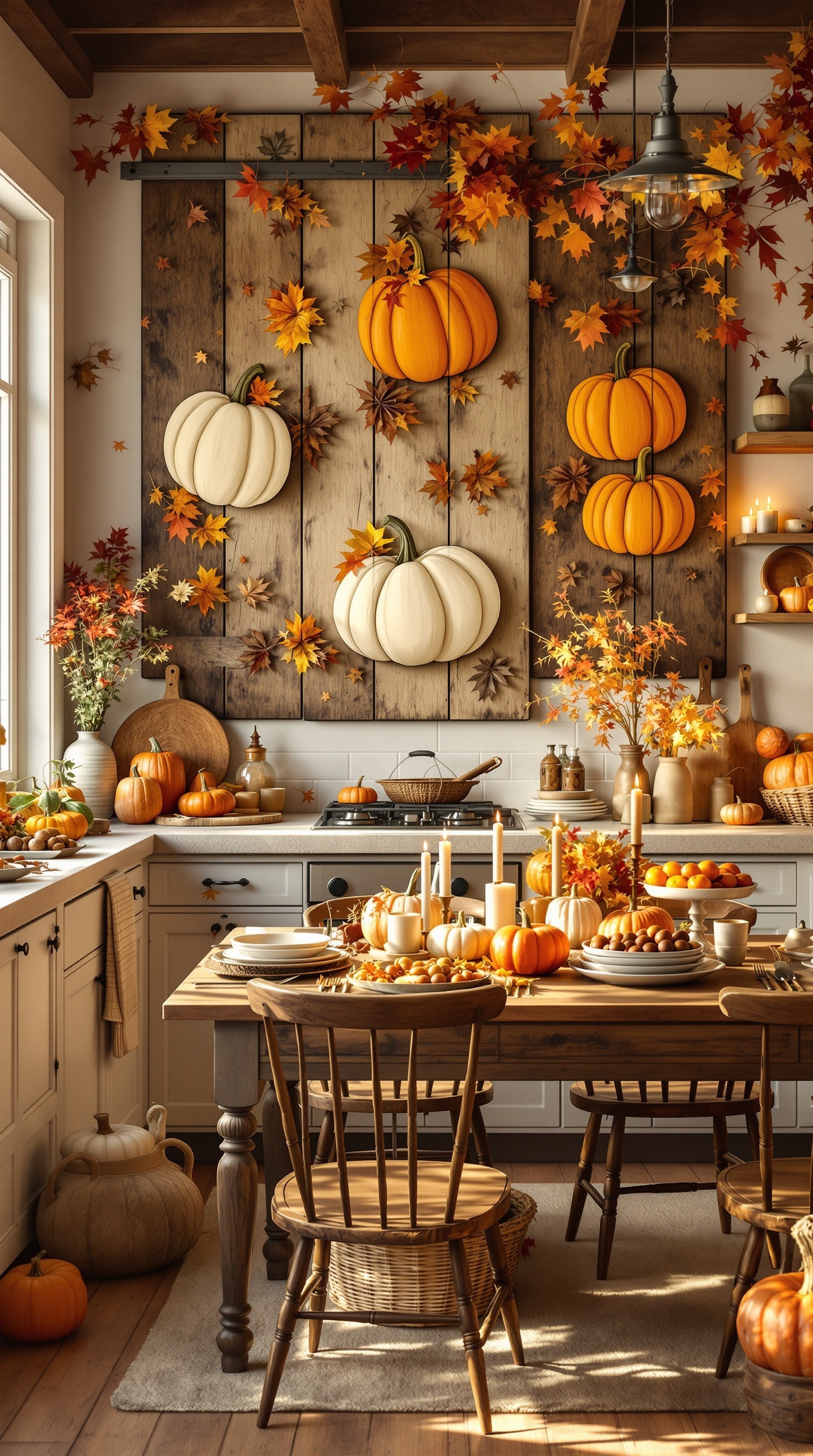 A cozy kitchen decorated for Thanksgiving with various signs and autumn-themed decor.