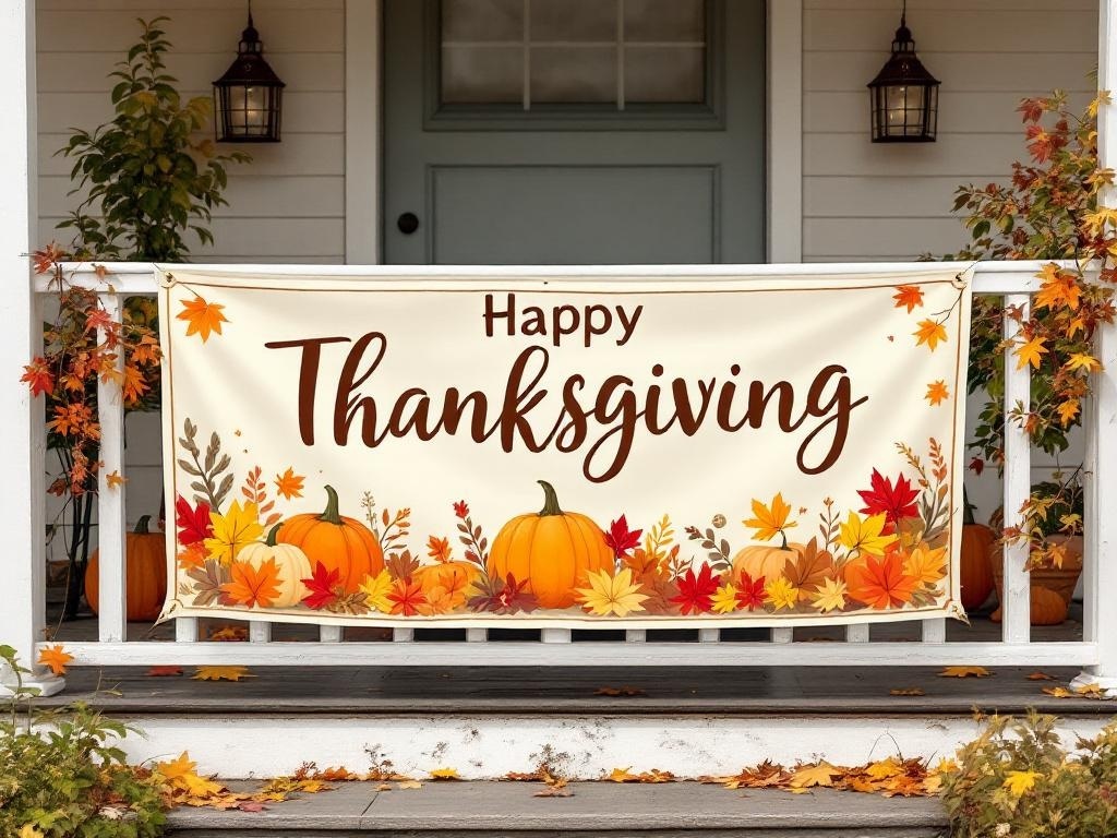 A porch decorated with a 'Happy Thanksgiving' banner featuring pumpkins and autumn leaves.
