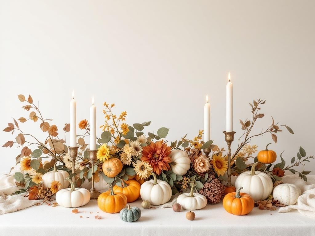 A beautiful Thanksgiving table centerpiece featuring pumpkins, flowers, and candles.