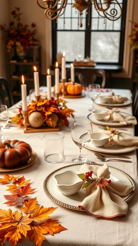 A beautifully set Thanksgiving table with autumn leaves, candles, and pumpkins.
