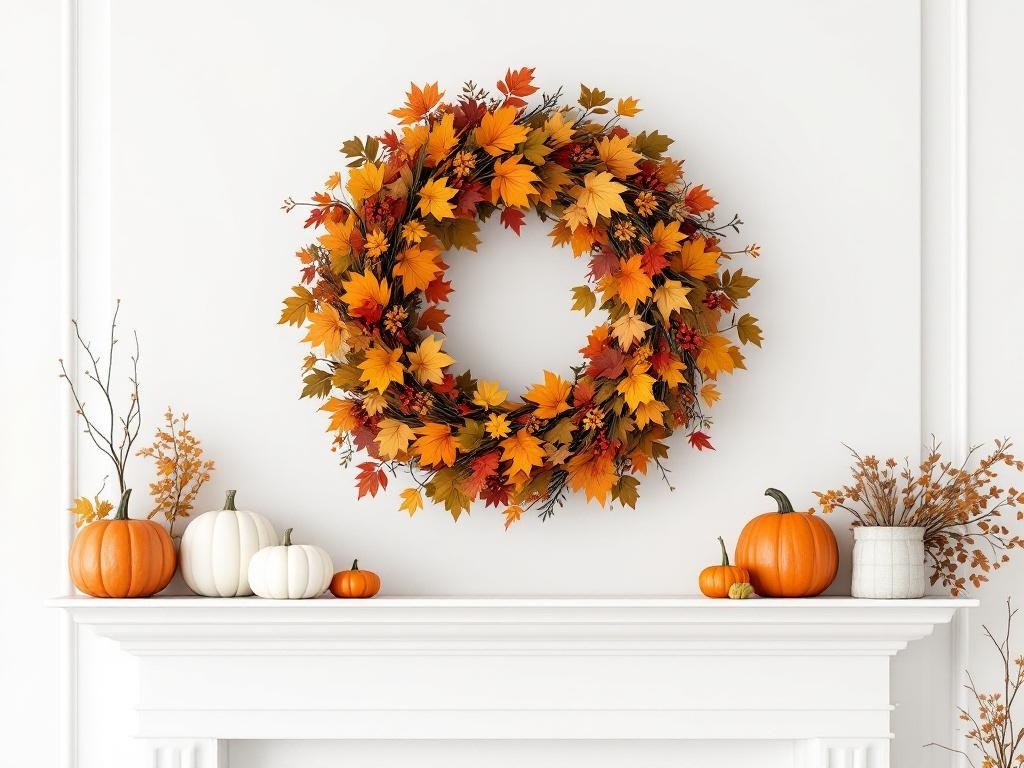 A Thanksgiving wreath made of colorful autumn leaves, hanging above a white mantel decorated with pumpkins and branches.