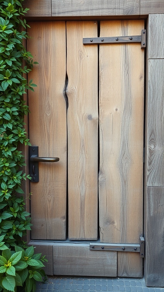A rustic reclaimed wood door with natural textures and a metal handle, surrounded by greenery.