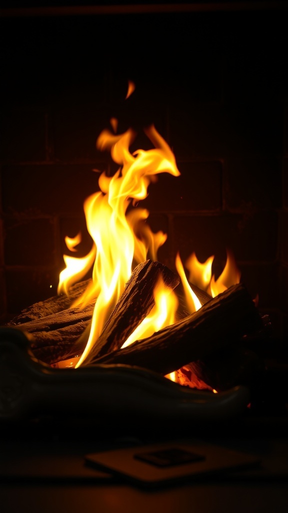 A warm and inviting fireplace with a crackling fire and logs.