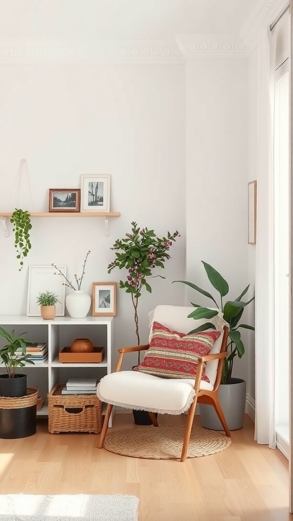 A cozy living space with a chair, plants, and decorative items.