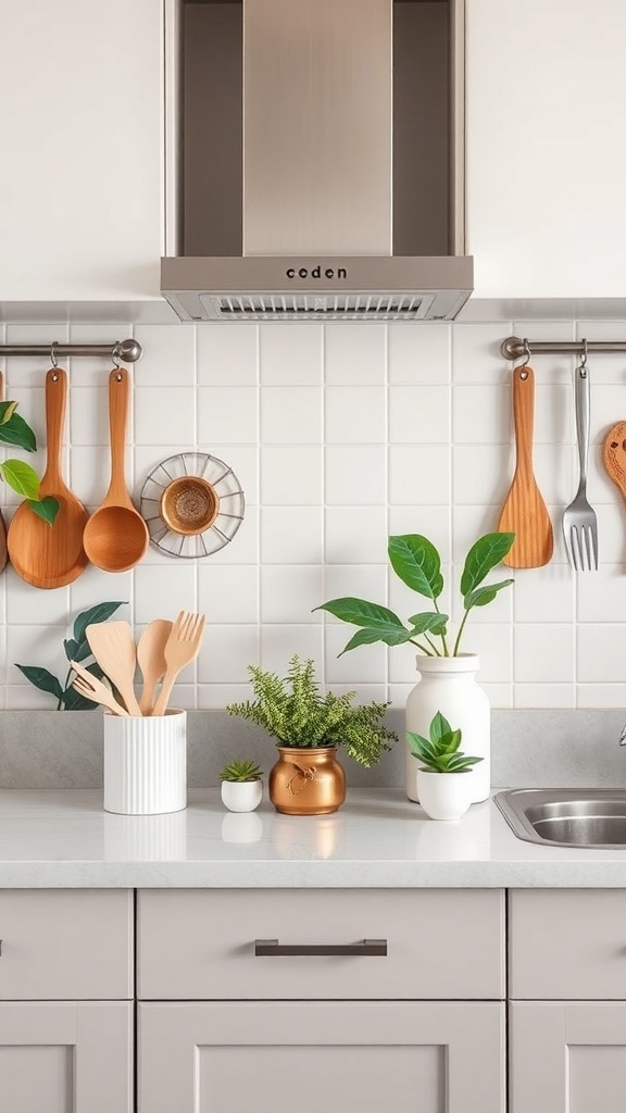 Stylishly arranged kitchen countertop with plants and utensils.